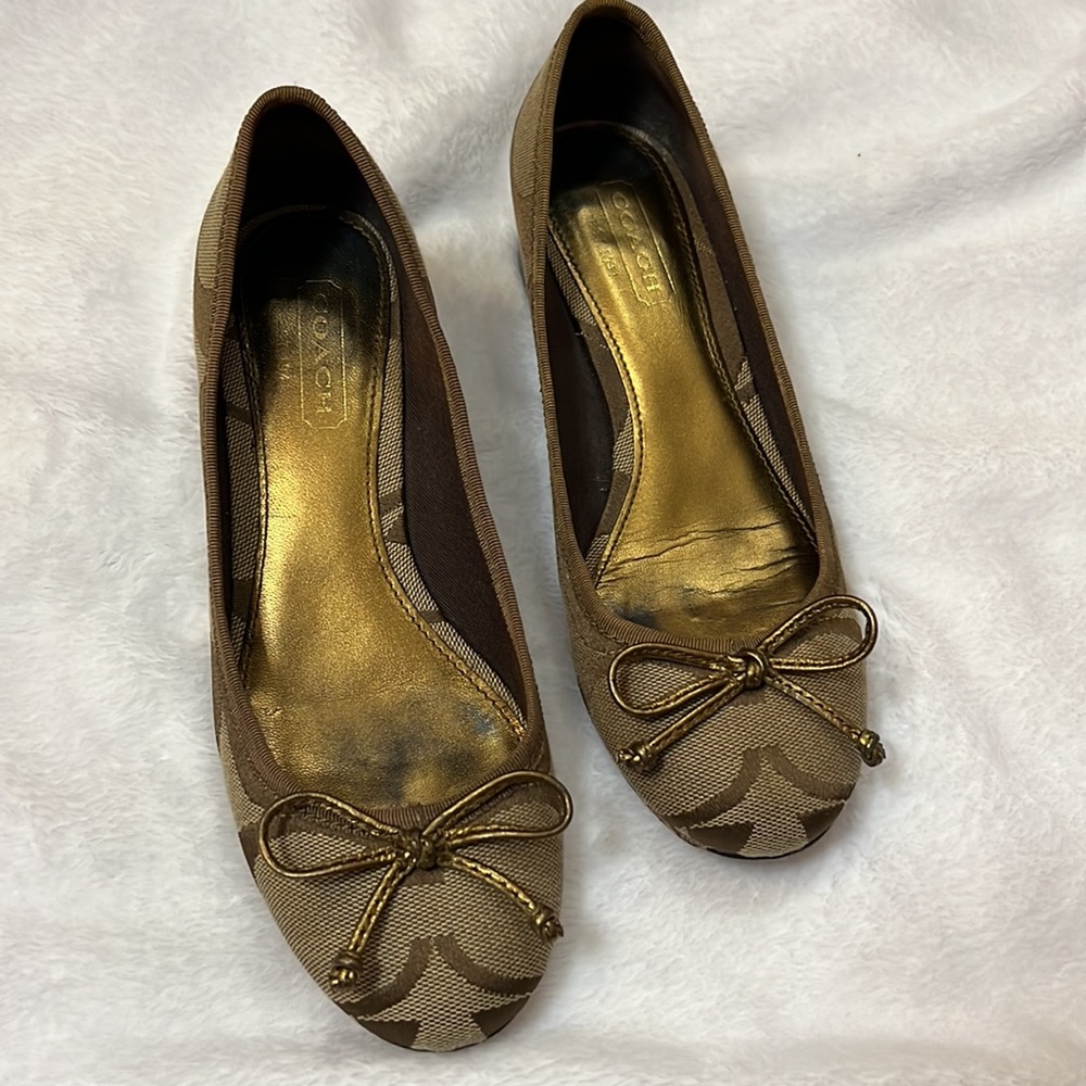 Coach Brown Signature Bow Ballet Flats with Gold Insole